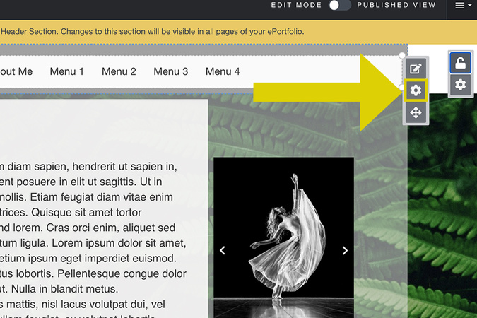 Screenshot showing the navigation menu with the settings icon visible for design editing.