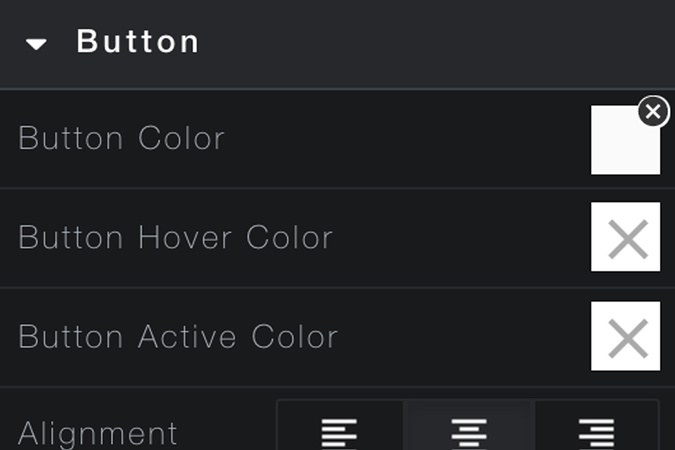 Screenshot showing button styling options such as color, hover color, and corner shape.