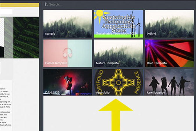 Portfolio chooser menu open showing multiple available ePortfolios to select from.