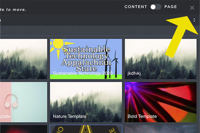 Organize mode with X icon highlighted to exit and save content arrangement.