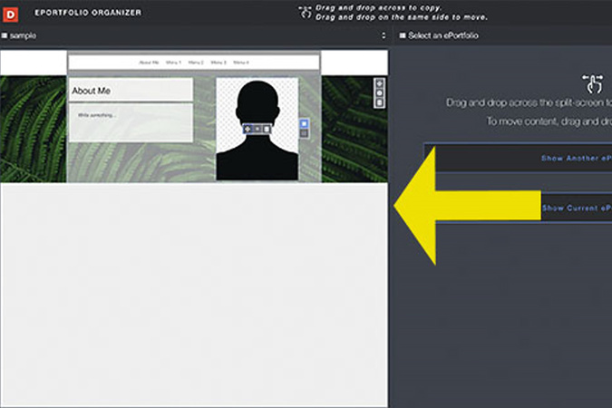 Organize screen showing the left panel used to move and manage page content.