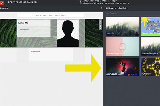 Portfolio selection list displayed to choose which ePortfolio to move content from.