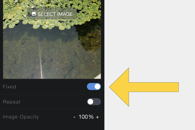 Background image settings showing Fixed toggle turned on to enable parallax scrolling.
