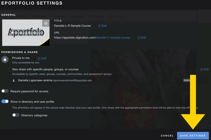 Screenshot of the Aportfolio settings popup displayed the first time a page is published, with options to review and save settings.