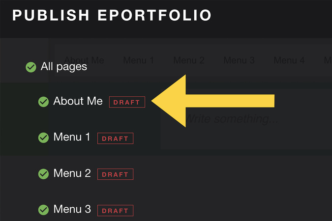Screenshot of the list of pages showing red draft bars next to unpublished pages and green check marks indicating selected pages to publish.