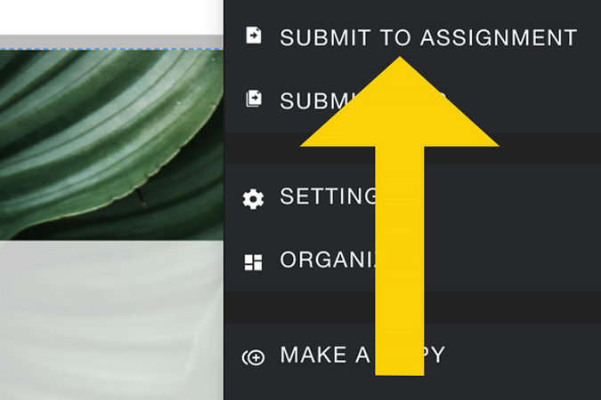 Settings menu with Submit to Assignment selected, and Submissions option available for review.