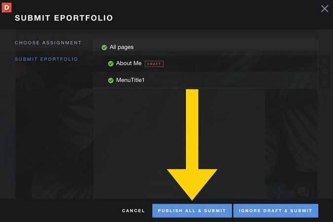 Unpublished page indicated, with option to publish pages before submitting the portfolio.