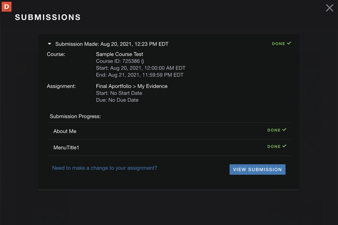 Submission confirmation screen showing submission date, assignment details, and pages sent.