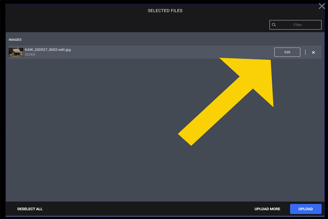 Edit options displayed before upload, including crop, rotate, and circle image tools.