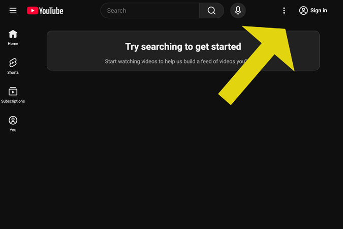 Screenshot of YouTube homepage showing the Sign In button in the upper right corner.