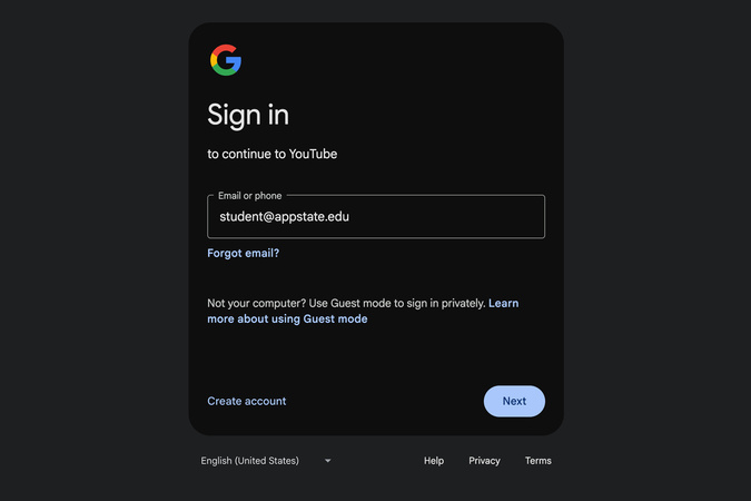 Screenshot of YouTube sign‑in page with Appalachian State email entered.
