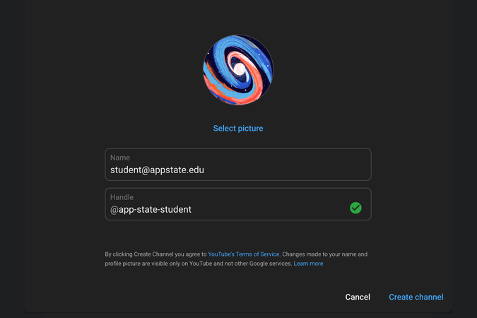 Screenshot showing the option to create a new YouTube channel.