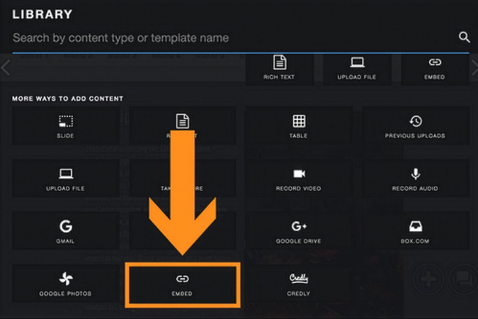 Screenshot of the content library showing the Embed icon selected near the bottom.