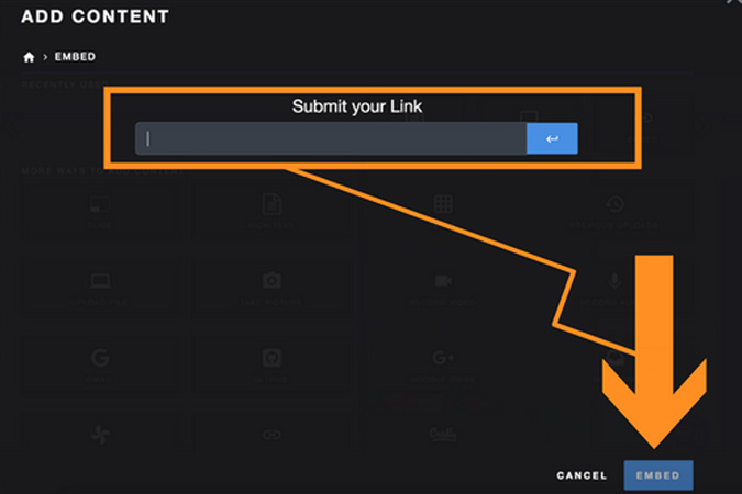 Screenshot showing a video URL pasted into the embed field with the Embed button visible.