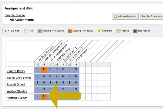 Assignments overview showing students and assignment status indicators for review.