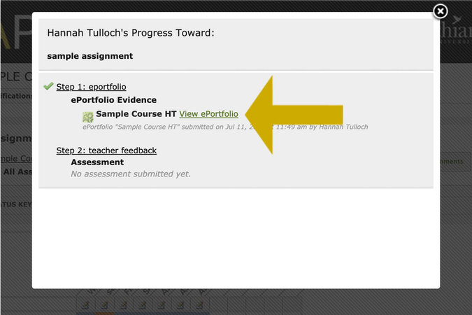 Assignment status selected to open the submitted ePortfolio for faculty review.