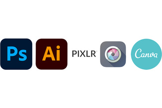 Photoshop, Adobe Illustrator, Pixlr, and Canva logos.