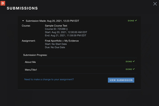 Screenshot of the submission confirmation page showing the assignment, submission date and time, and the list of pages submitted.