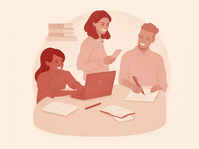 Illustration of three people working at a table with a laptop, notebook, phone, and stacked books.