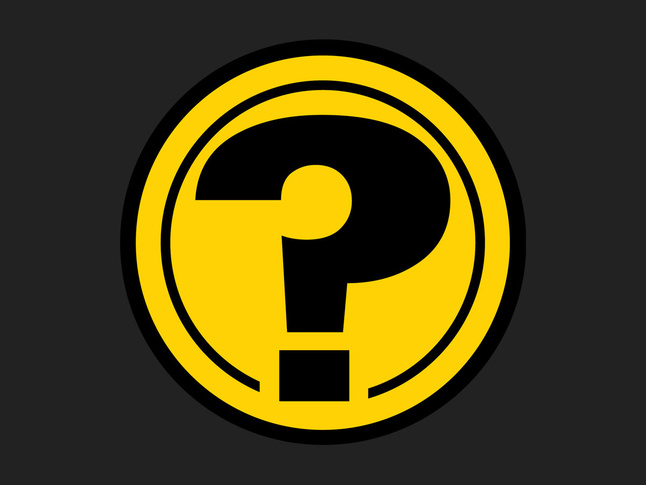 Bold yellow question mark inside a circular border on a dark background, resembling an info icon.