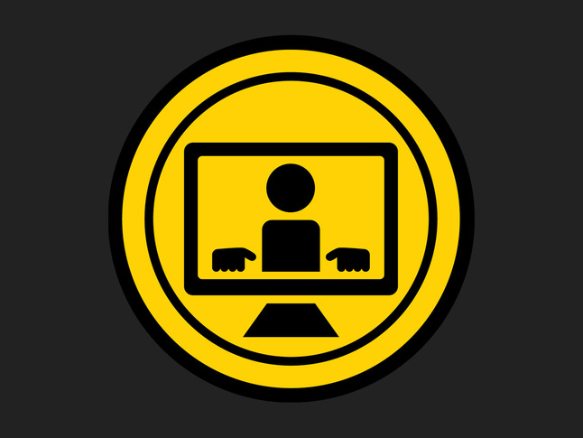 Icon of a person displayed on a computer screen, shown within a yellow circle on a dark background.